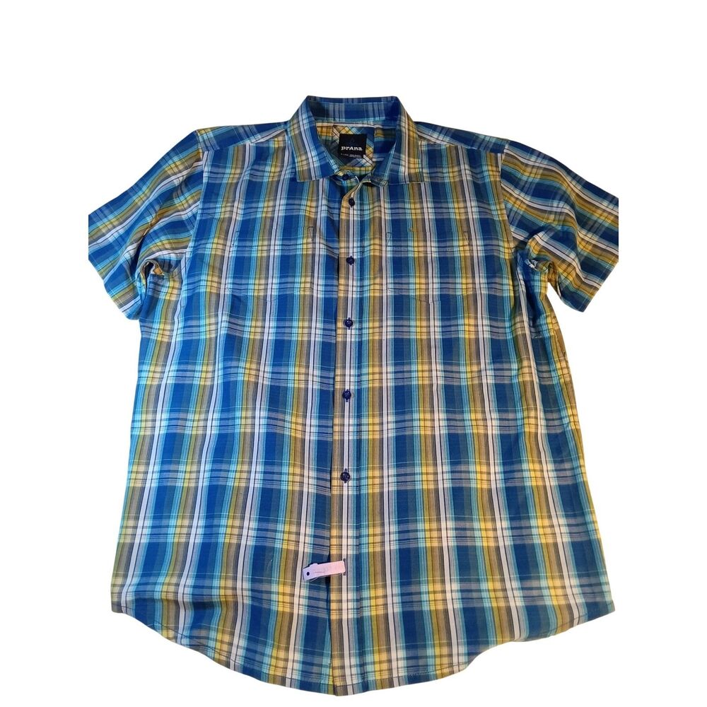 Prana Mens XL Blue Yellow Plaid Short Sleeve Button Down Shirt Born Experience